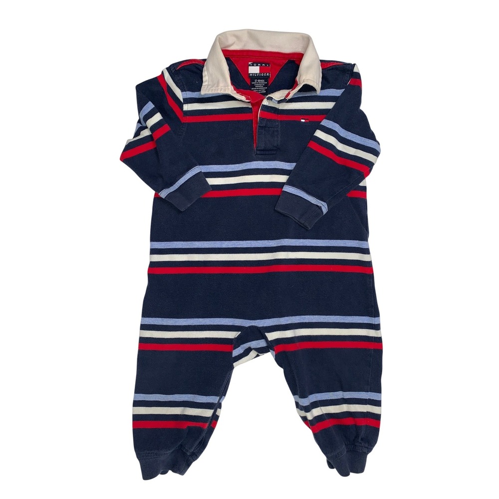 Tommy Hilfiger Baby Boy Rugby‎ Stripe Romper Navy Red 12-18 Months Long Sleeve